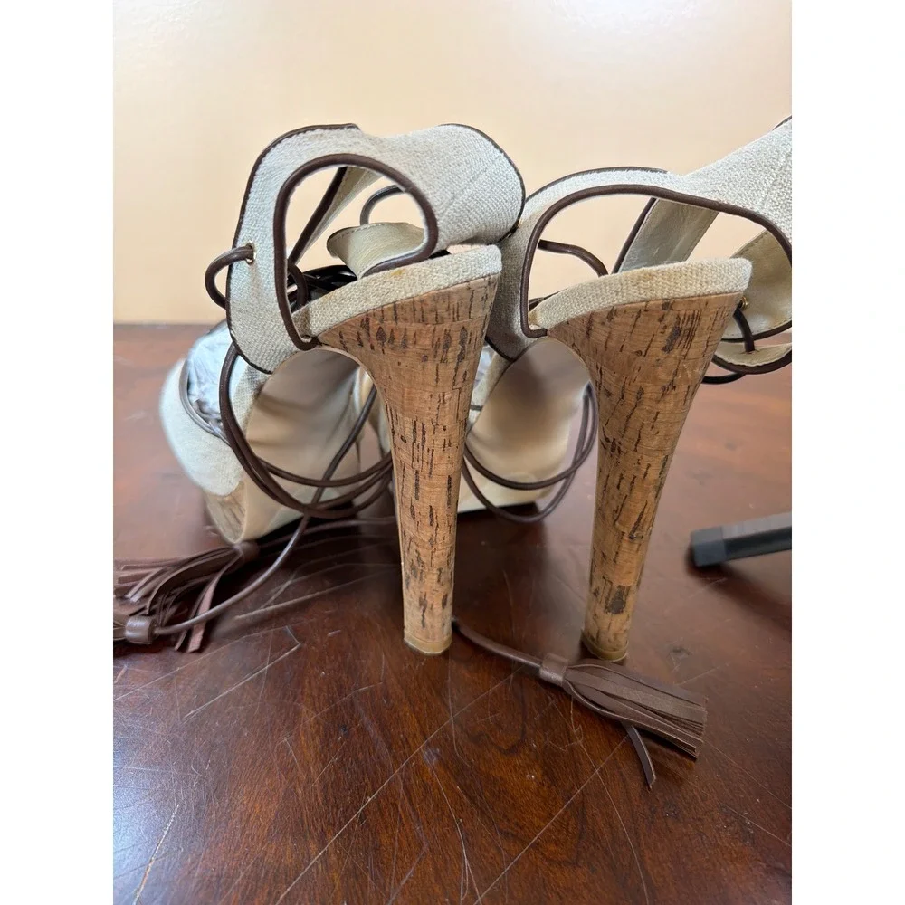 ShoeDazzle Linen Lace Up Tassel Platform Sandals Cork Stiletto‎ Heels Neutral 10